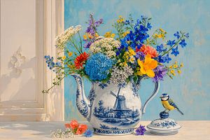 Stillleben in Delfter Blau mit holländischem Dekor, Feldblumen und Blaumeise