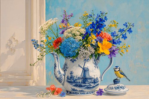 Stillleben in Delfter Blau mit holländischem Dekor, Feldblumen und Blaumeise