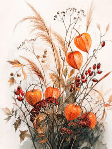 Herbst-Stillleben: Ein botanischer Strauß aus Physalis und Wildgräsern