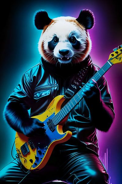 Panda playing guitar neon art by Makar Mokrynskyi