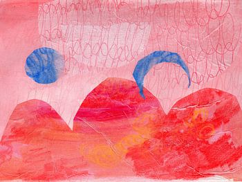 Zusammenfassung: Traumlandschaft in Rosa mit blauen Formen und handgezeichneten Linien