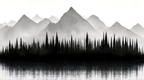 Dichte bossen voor een mistig gebergte aan een rustig meer