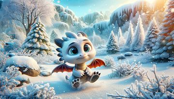Merveilleux pays d'hiver : dragon curieux dans un paysage de neige sur artefacti