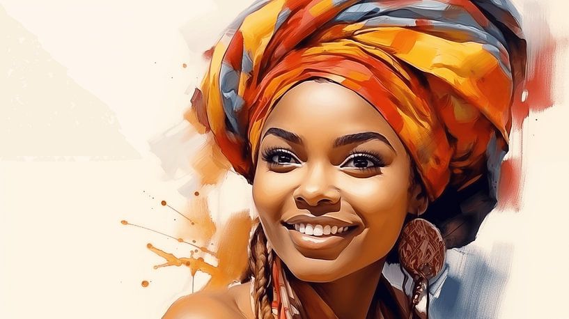 Porträt einer afrikanischen Frau mit lächelndem Aquarell-Kunstdesign und buntem Kopftuch von Animaflora PicsStock
