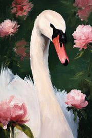 Zwaan tussen roze bloemen no.4