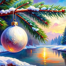 Le Noël des rêves d'hiver silencieux : une boule de sapin de Noël au-dessus de la rivière dans laquelle se reflète le coucher de soleil, entre de grands sapins et un paysage hivernal enneigé sur AidasignArt