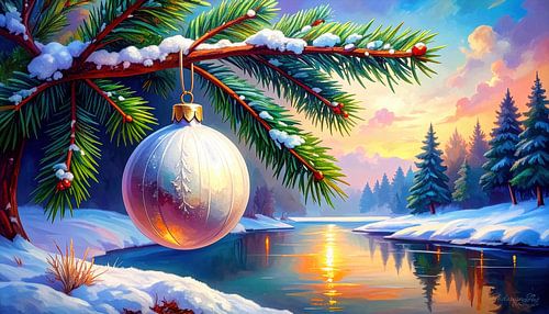 Le Noël des rêves d'hiver silencieux : une boule de sapin de Noël au-dessus de la rivière dans laquelle se reflète le coucher de soleil, entre de grands sapins et un paysage hivernal enneigé
