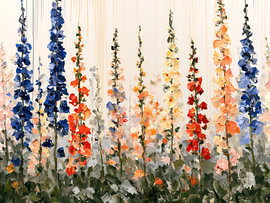 Delphinium coloré, peinture représentant un jardin fleuri sur IamHomeStudio
