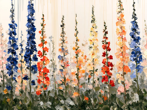 Colorful delphinium, floral garden painting