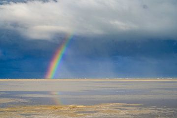 Regenboog op het strand van Texel in de Waddenzee