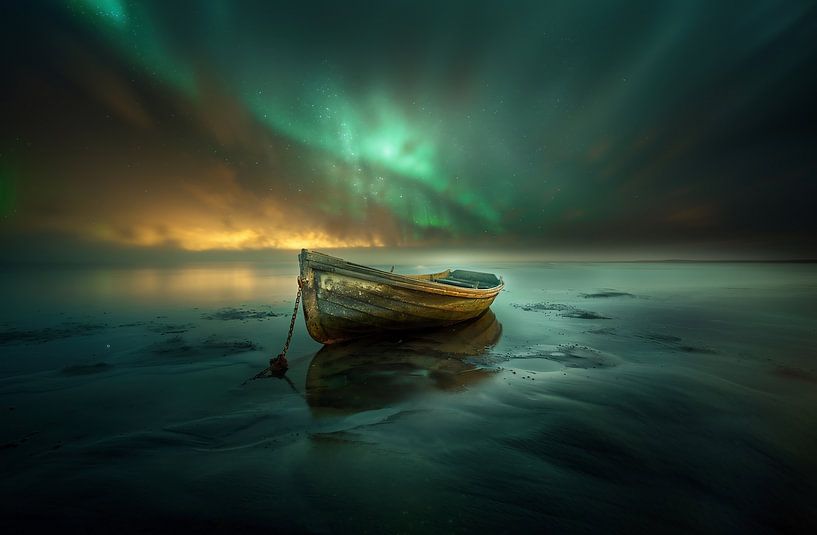 Eenzaam noorderlicht boven de boot van fernlichtsicht