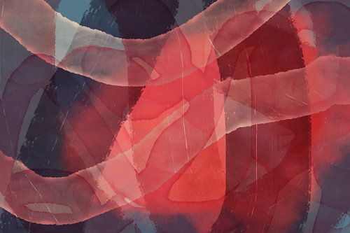 Modern abstract schilderij in rood, roestbruin, paars, blauw.