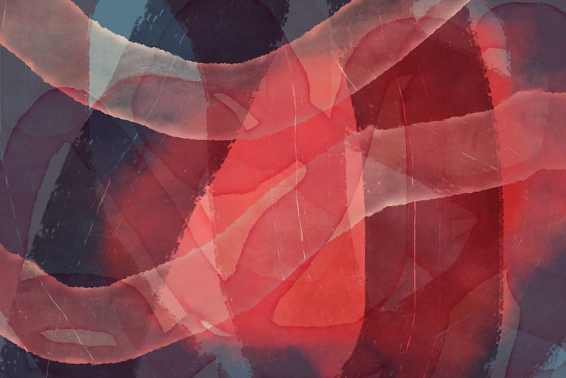 Modern abstract painting in red, rusty brown, purple, blue. by Dina Dankers