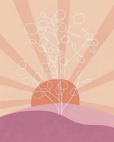 Minimalistisch landschap met een eucalyptus boom bij zonsopkomst