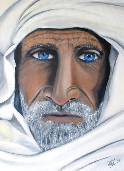Painting Portrait of Berber with blue eyes and scarf in oil paint by Marianne van der Zee