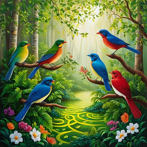 De kleurrijke vogel paradijs - Vogels Schilderij