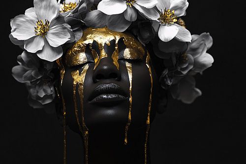 Vrouw met bloemen en goud