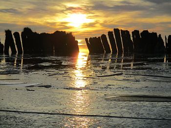 Zonsondergang met ijs en palenrij