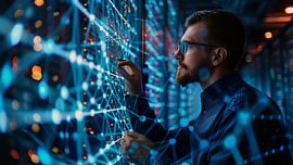 Männlicher Admin in futuristischen Rechenzentrum von de-nue-pic