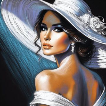 Femme avec un grand chapeau d'été blanc