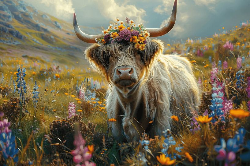 Flower crown highland cattle - Idyllic nature photography for the home by Poster Art Shop
