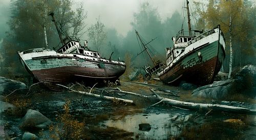 Rusting ships in the forest