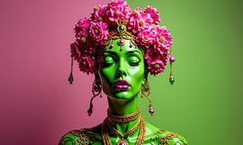 Groene paspop met dahliakroon en gouden sieraden van Markus Gann