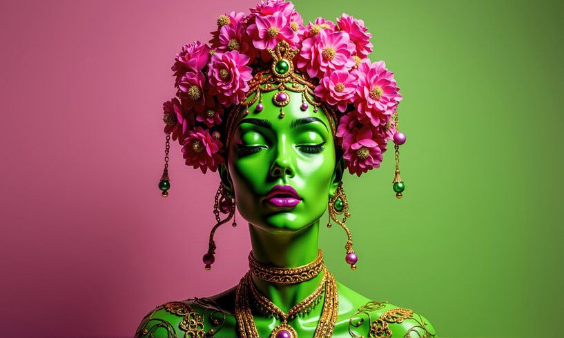 Green Mannequin with Dahlia Crown and Gold Jewelry by Markus Gann