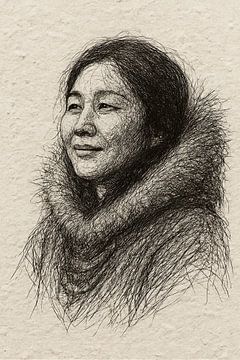Inuit vrouw met warme bontkraag (winter Antarctica krachtig portret natuur zwart garen)