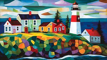 Kleurige vuurtoren aan kust New England van Jan Bechtum