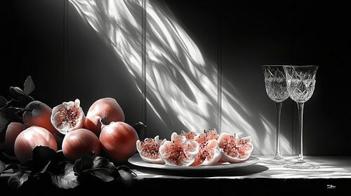 zwart wit stilleven van bloemen en fruit in een extreem dramatisch licht