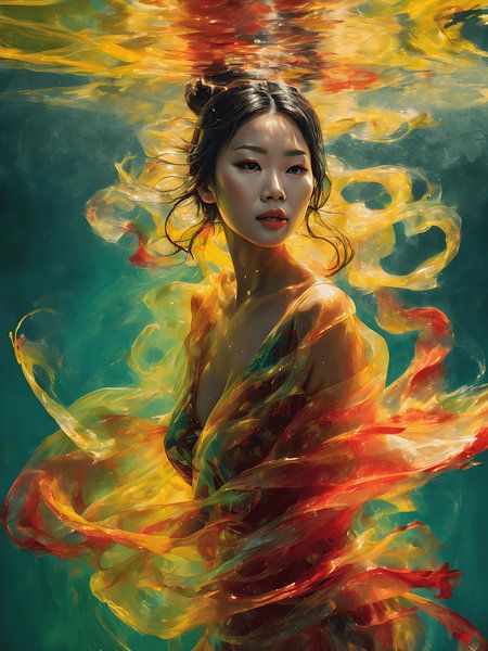 Een portret Japanse Geisha dansend in het water van Jolique Arte