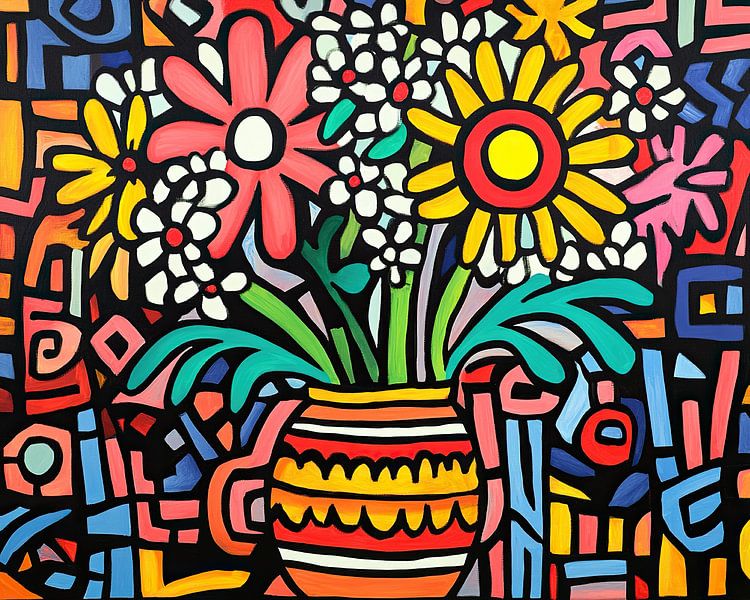 Blumen Vase | Blumen mit geometrischem Hintergrund von ARTEO Gemälde