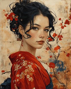 Geisha in Rot und einem Hauch von Blau von Carla Van Iersel