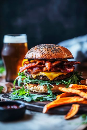 Saftiger Burger mit Süßkartoffelpommes