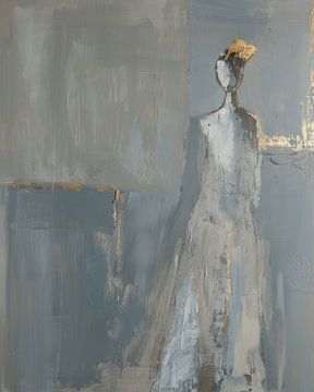 Modern en abstract portret in blauwe en grijze tinten met een vleugje goud van Japandi Art Studio