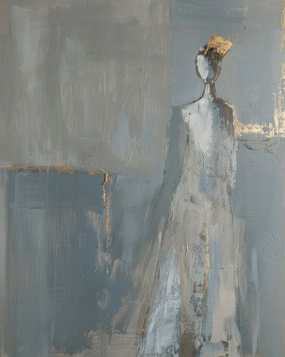 Modern en abstract portret in blauwe en grijze tinten met een vleugje goud