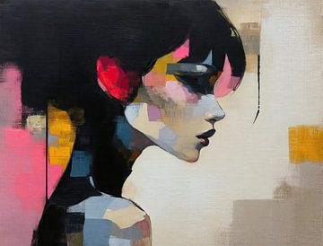 Kleurrijk Gezicht | Abstract Portret met Roze en Geel van De Mooiste Kunst