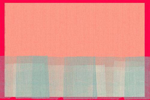 Abstract in zachtroze, wit, lichtblauw en neonrood.