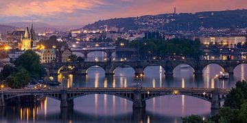 Abendlicher Blick über die Moldaubrücken in Prag – Panorama von Melanie Viola