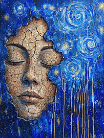 Celestial Dream - Modern Surrealistisch Vrouwen Portret met Olieverf en Kosmisch Goud Effect