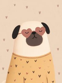 Whimsical Pug Illustration with Heart Sunglasses – Cute Dog by StudioRemier