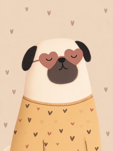 Whimsical Pug Illustration with Heart Sunglasses – Cute Dog