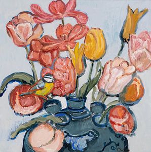 Tulpenmanie met koolmees van Tanja Koelemij