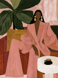 Woman in a pink trouser suit with a coffee | Modern fashion art by Carla Van Iersel
