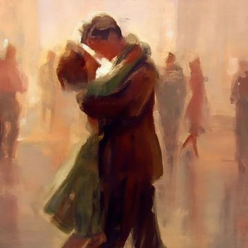 Painting of a dancing couple in warm colours by Carla Van Iersel