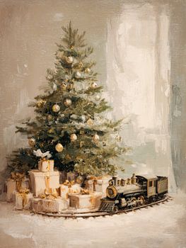 Vintage-Weihnachtsbild mit Baum, Geschenken und Spielzeugeisenbahn