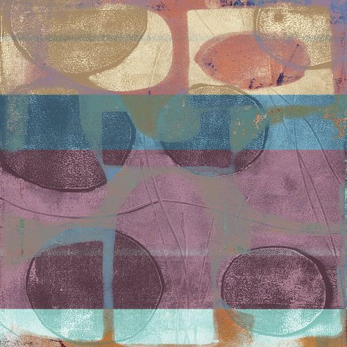 Abstracte organische vormen in paars, blauw, zachtgeel en terra