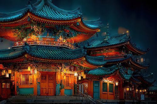 schilderachtige japanse kunst  tempel