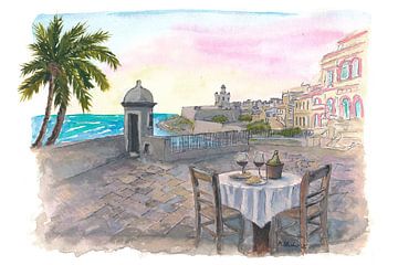 Romantisches Abendessen mit Blick auf San Juan und El Morro bei Sonnenuntergang in Puerto Rico